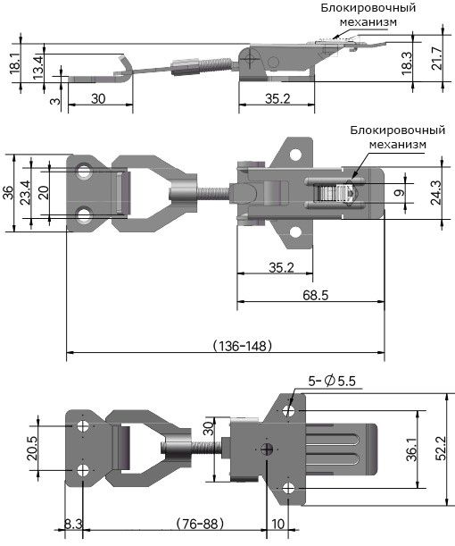 Замок регулируемый натяжной B03C-3 - схема, размеры