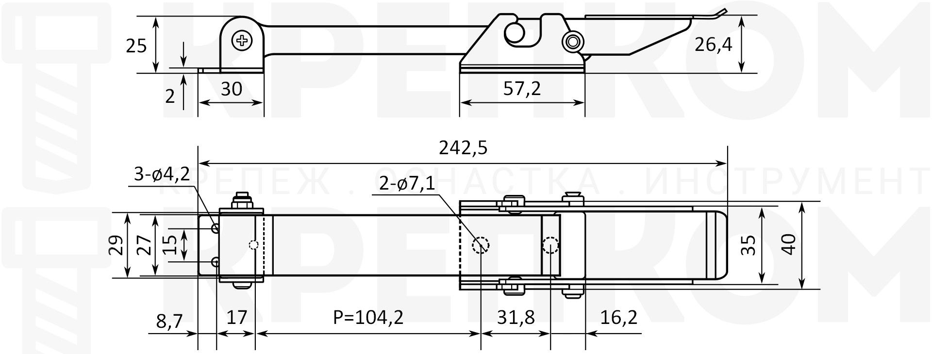 Защелка капота резиновая L=243 B236 со стальным креплением схема