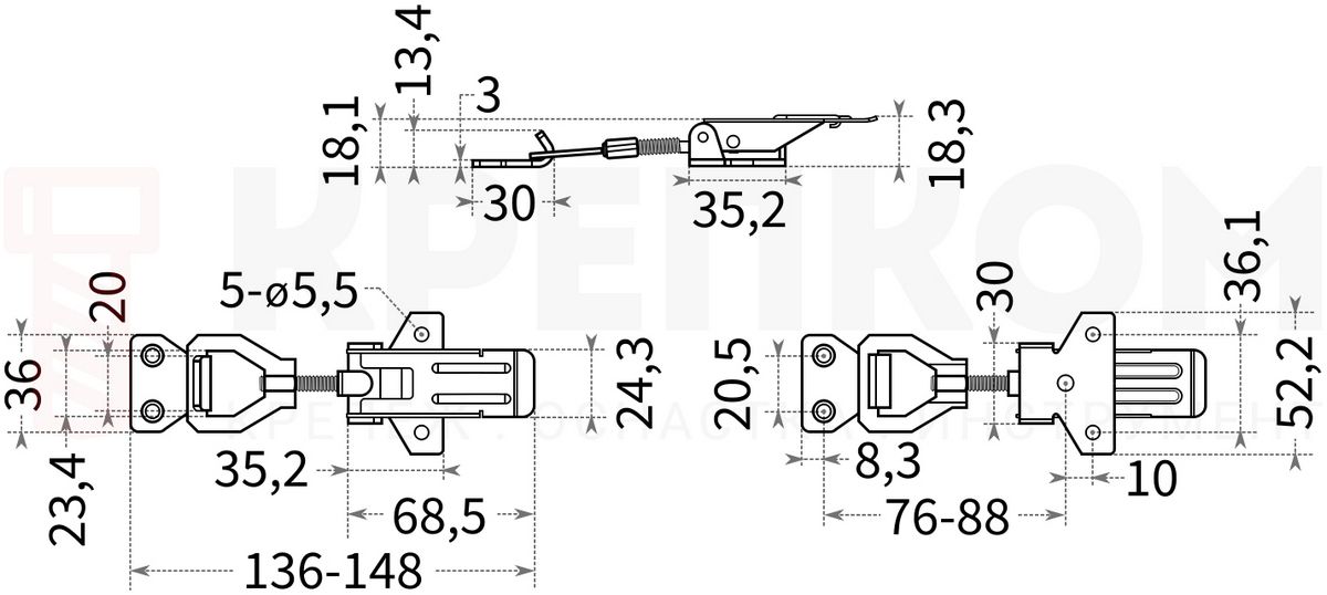 Замок регулируемый натяжной L=76-88 мм усиленный B03C-2 схема с размерами