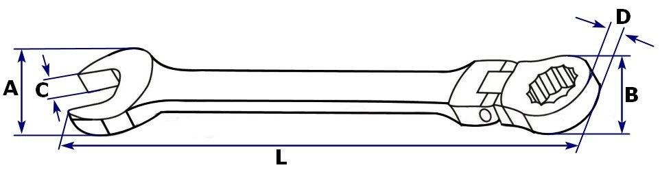 Ключ комбинированный трещоточный карданный Jonnesway, размеры, схема