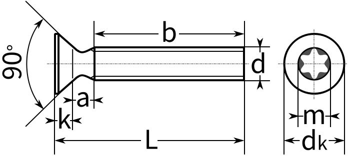 Винт с потайной головкой и шлицем TORX ISO 14581 (DIN 965) - схема