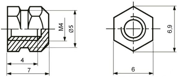 Втулка резьбовая закладная М4х7 мм Ruichi BN1042 глухая - схема