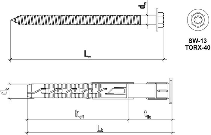 Дюбель-шуруп с шестигранной головкой и шлицем TX40 Wkret-met KPR - схема