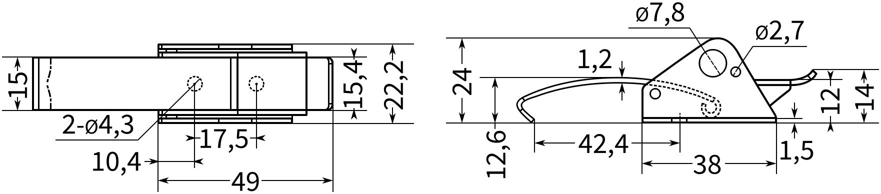 Замок-защелка накидной L=38 B252C, размеры - схема