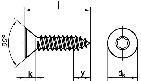 Саморез с потайной головкой и шлицем Torx, ISO 14586 (DIN 7982) форма C-схема