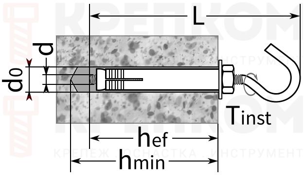 Распорный стальной анкер с потолочным крюком LHS - схема, чертеж