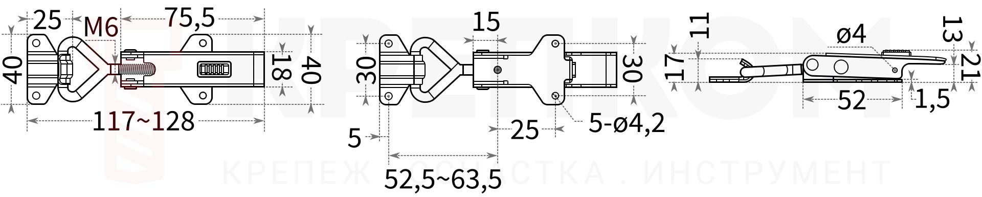 Замок регулируемый натяжной с блокировкой L=117-128 мм B222C-2 - схема с размерами