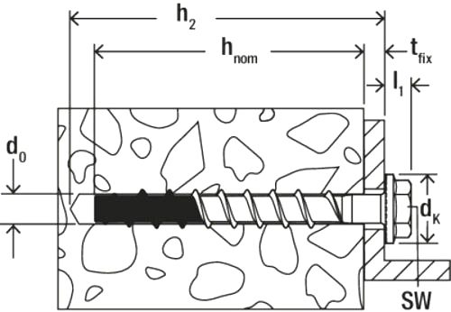 Шуруп по бетону c шестигранной головкой Fischer FBS II US R - схема, чертеж