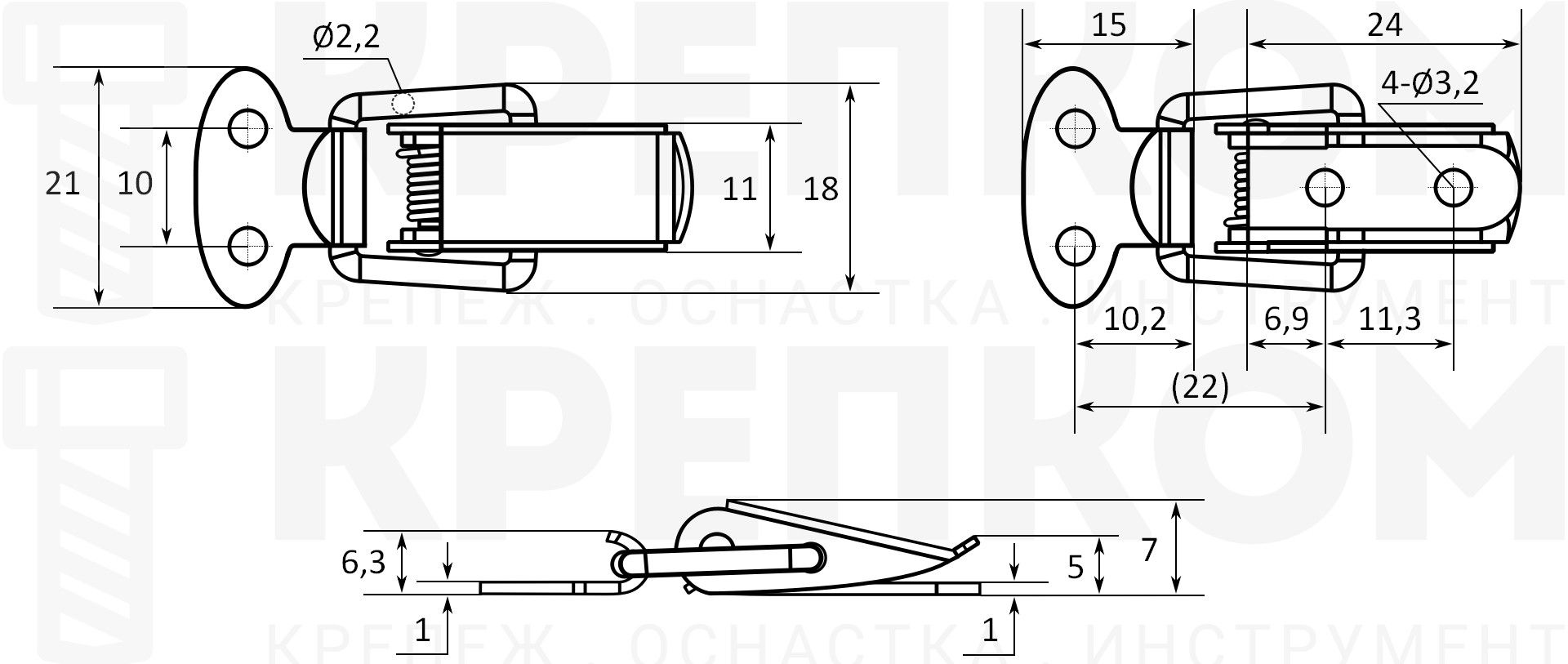 Замок-защелка лягушка L=24 B22, схема и размеры