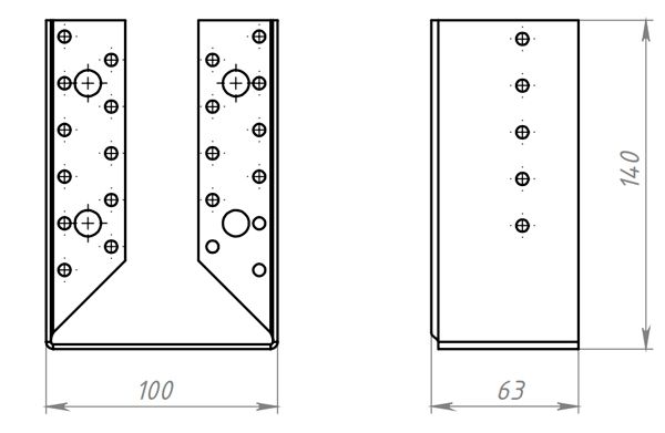 Закрытая перфорированная опора бруса 140х76х100 - схема, чертеж