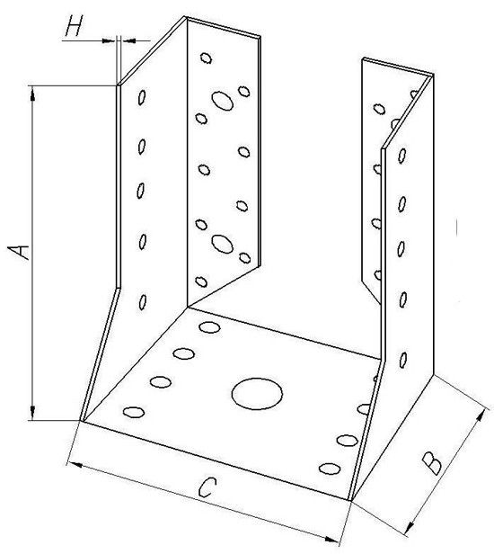 Опора бруса закрытая, оцинкованная сталь - схема, чертеж