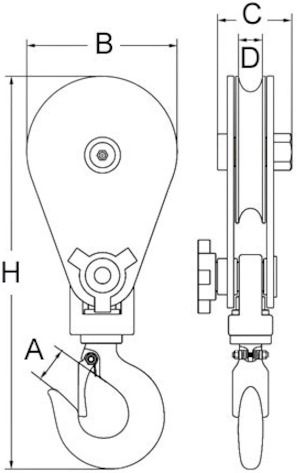 Блок однорольный шкивовый к крюком - схема