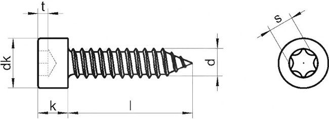 Саморез с цилиндрической головкой и шлицем Torx DIN 912 - чертеж