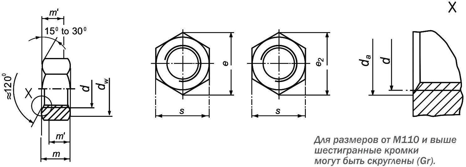 Гайка шестигранная DIN 934 - схема, чертеж