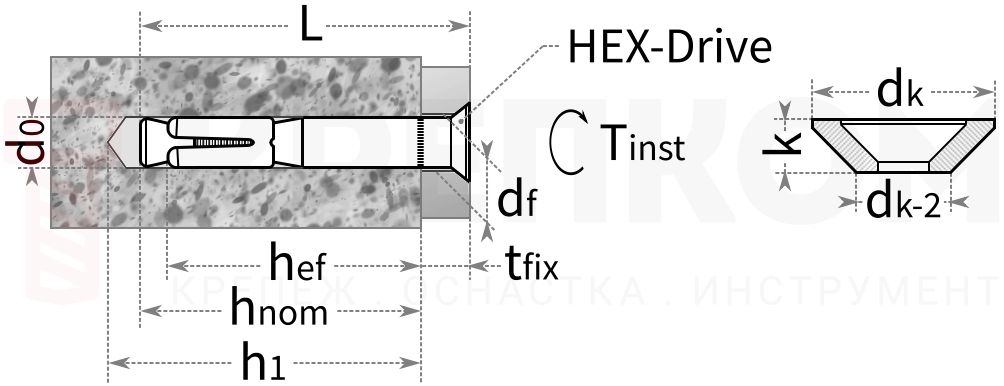  Анкер с болтом с потайной головкой Sormat SK - схема, чертеж
