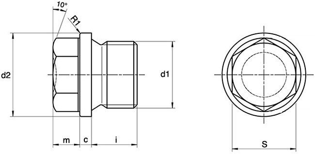 Пробка-заглушка дюймовая с шестигранной головкой и фланцем DIN 910 - схема, чертеж