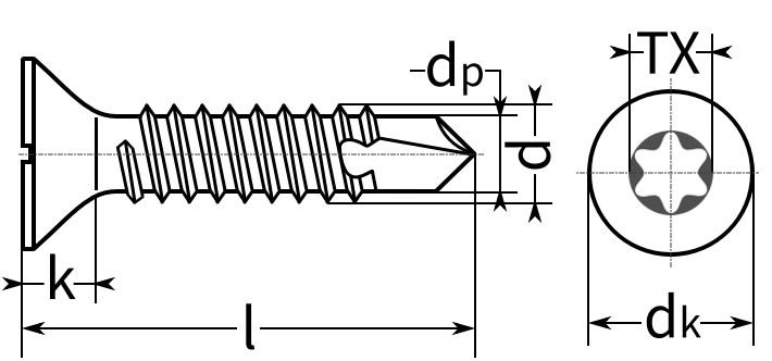 Саморез потай c буром и шлицем Torx DIN 7504 O (P) - схема