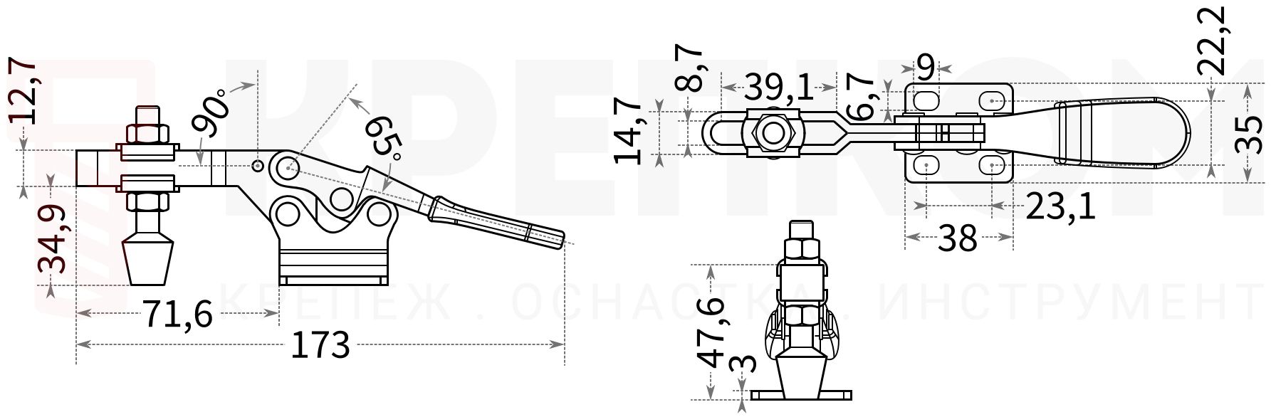 Прижим рычажный горизонтальный L=173 мм HD-225D - чертеж с размерами