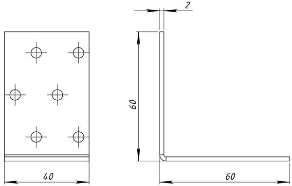 Уголок крепёжный 60х60х40х2 - схема, чертеж