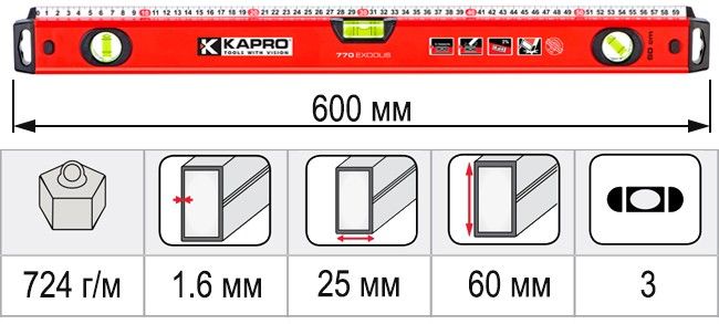 Размеры уровень строительный 600 мм KAPRO EXODUS 770-42-60