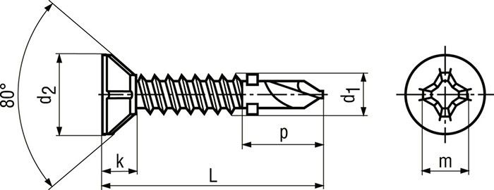 Саморез (флюгель) по металлу с потайной головкой и буром ~DIN 7504 P, шлиц Ph - чертеж схема шурупа