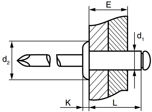 Заклепка вытяжная медь/сталь со стандартным бортиком - схема, чертеж