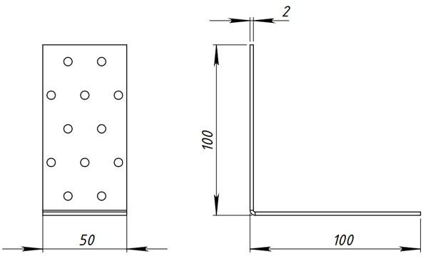 Крепежный уголок 100х100х50 оцинкованный - схема, чертеж