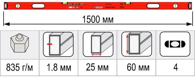 Размеры уровень строительный 1500 мм KAPRO HERCULES 986-44-150
