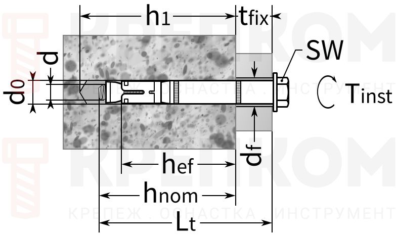 Анкер распорный для высоких нагрузок с хомутом Holz Technic ABS - схема, чертеж