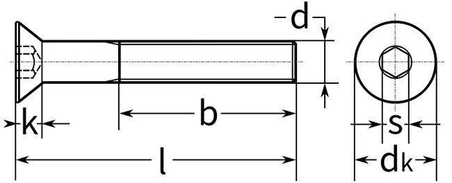 Винт с потайной головкой и внутренним шестигранником DIN 7991 ISO 10642 - чертеж, схема