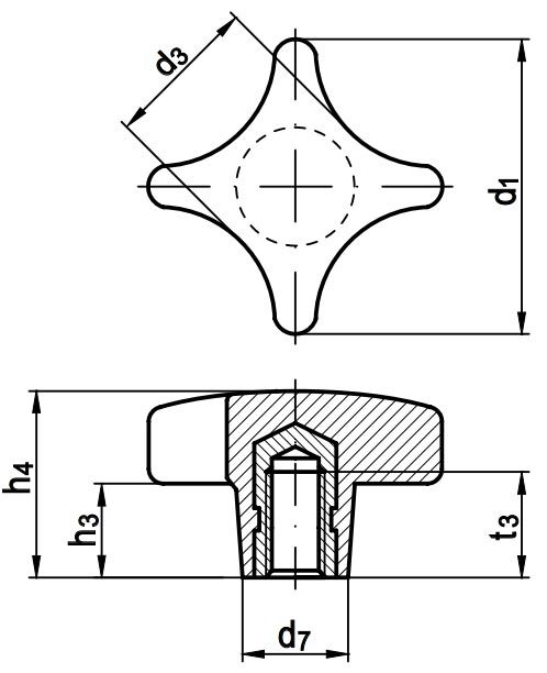 Ручка крестообразна с внутренней резьбой DIN 6335 тип K - схема