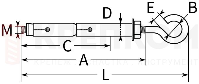 Анкер двухраспорный с полукольцом SLR-R2-HO - чертеж, схема