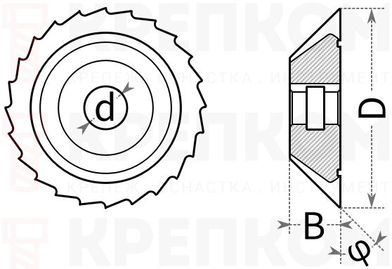 Фреза одноугловая насадная 63х10х27 мм, 50° без торцевого зуба Р6М5 РИ ri.171.47 - схема, чертеж