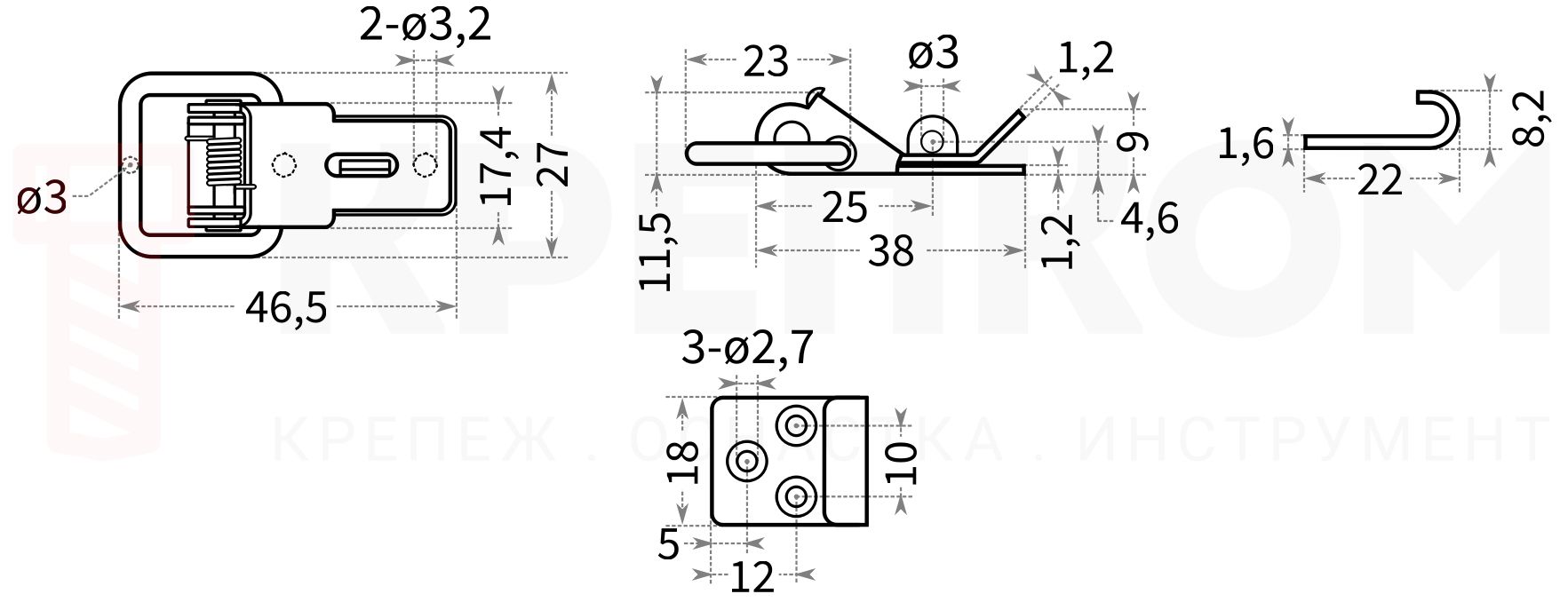 Замок-защелка L=46 ГОСТ 14225-83 схема с размерами