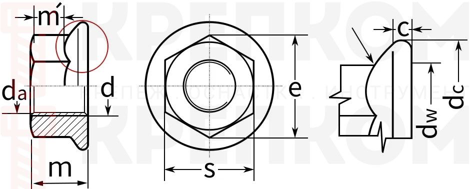 Гайка с фланцем DIN 6923 - схема, чертеж
