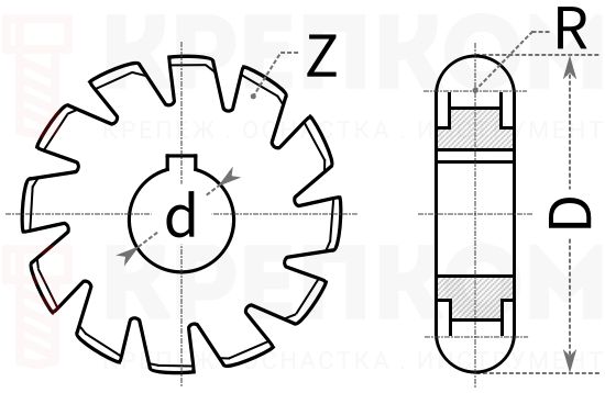 Фреза полукруглая выпуклая ГОСТ 9305-93 HSS РИ - схема, чертеж
