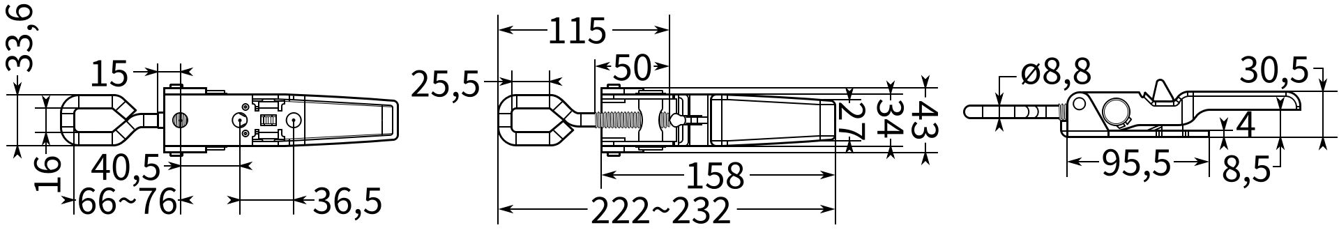 Замок-защелка регулируемый с самоблокировкой L=232 мм 54281 - схема с размерами