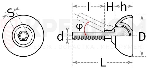 Опора регулируемая шарнирная с болтом и основанием 49М8-45ЧН - схема, чертеж