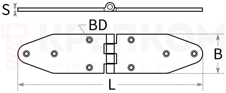 Петля шарнирная 180х40 мм 0716 - схема, чертеж