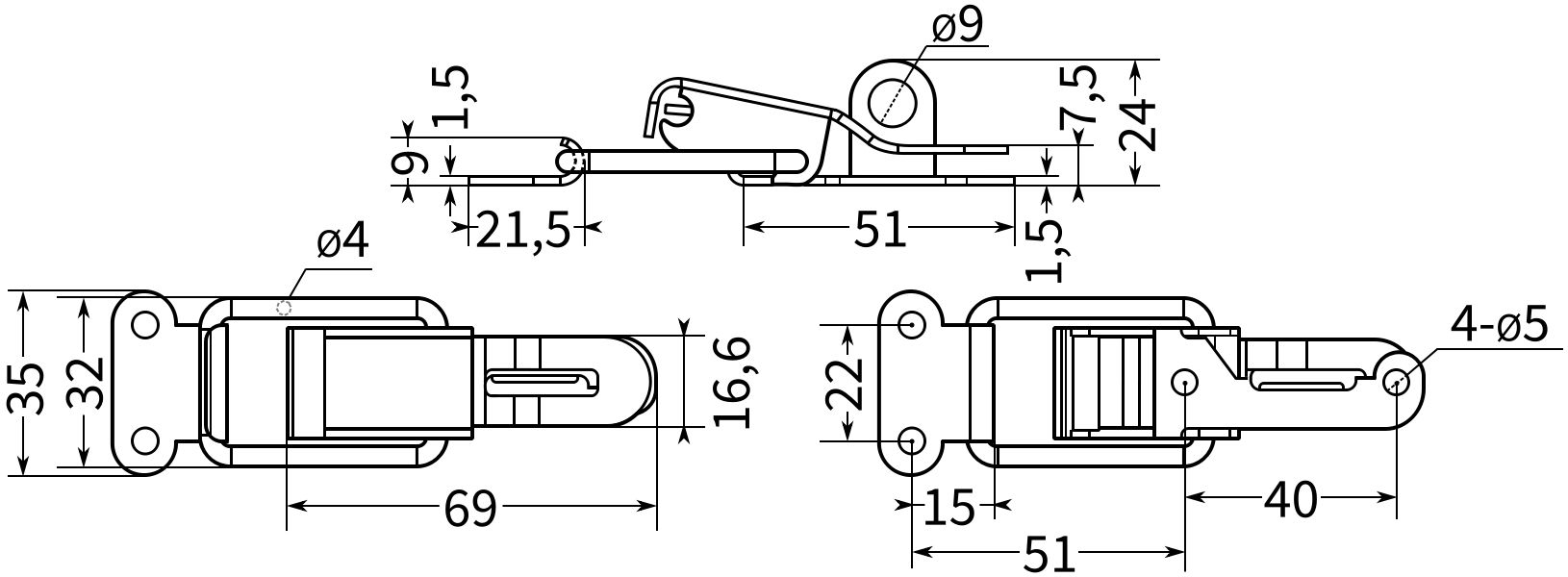 Замок-защелка лягушка L=80 B80, размеры - схема