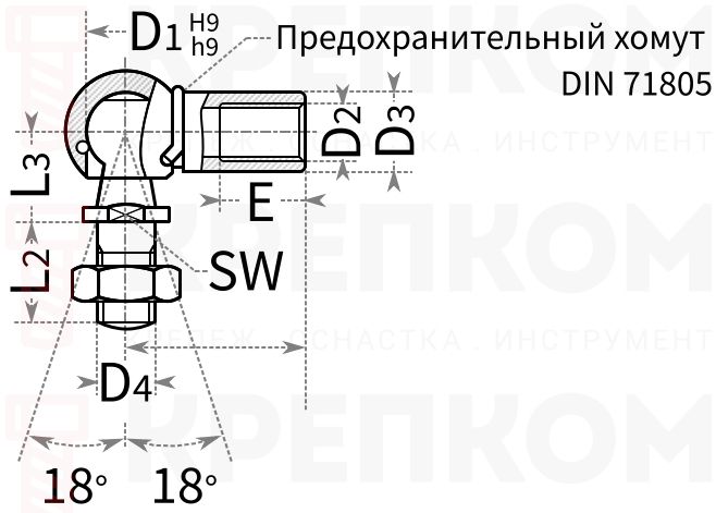 Угловой шаровый шарнир DIN 71802 CS AS - чертеж, схема