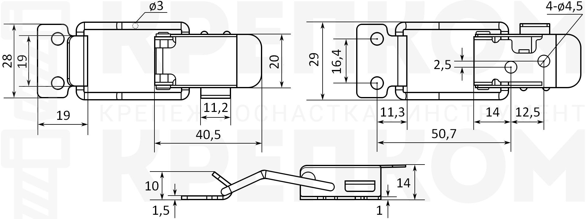 Защелка для ящиков, боксов L=66 B32C-2 схема с размерами