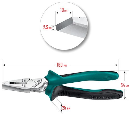 Плоскогубцы комбинированные с эксцентриковым шарниром Kraftool - размеры