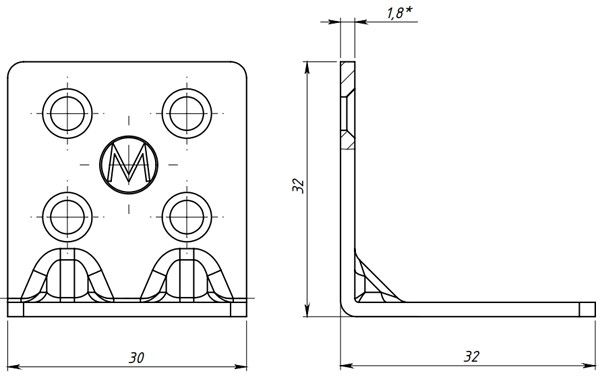 Уголок крепёжный усиленный 32х32х30х1.8 - схема, чертеж
