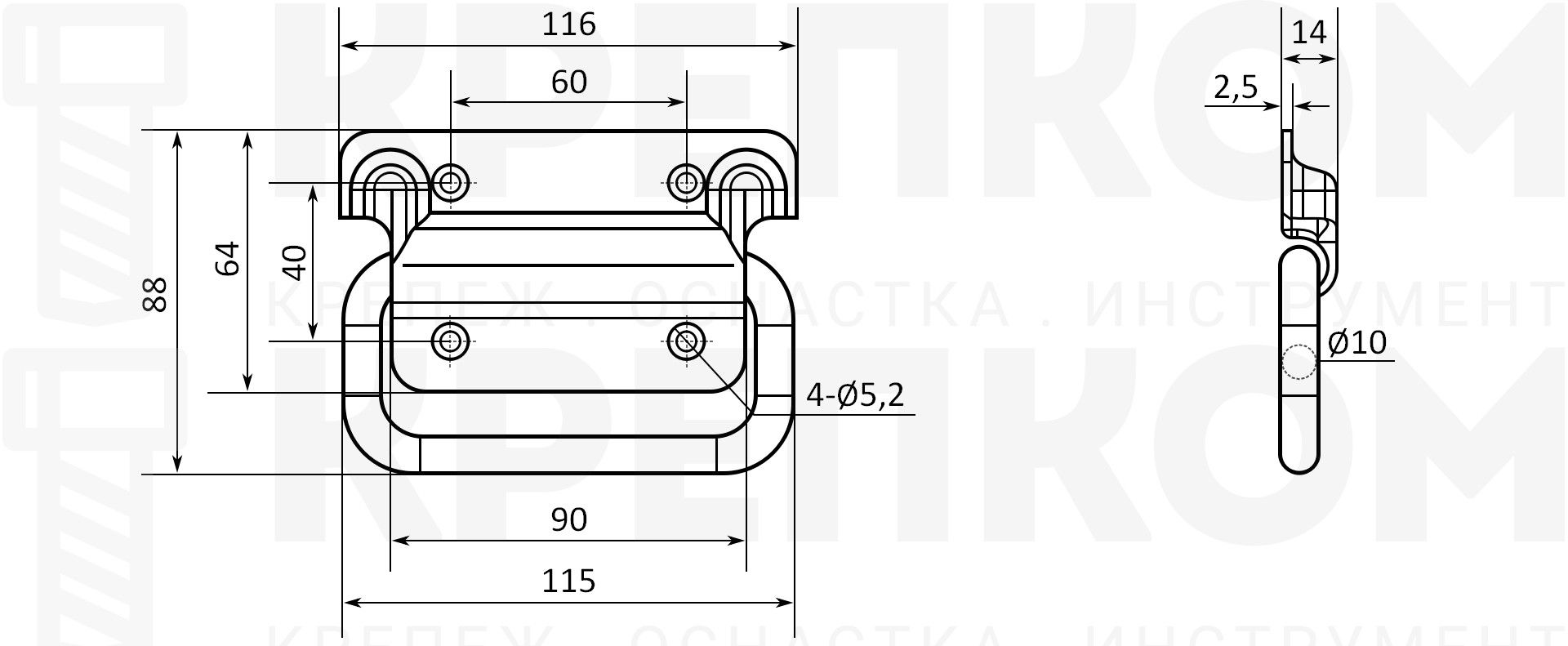 Откидная ручка для ящика 116 мм, M17 - размеры, схема