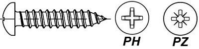 Саморезы с полукруглой головкой под крестообразную отвертку (биту) PH и PZ: DIN 7981