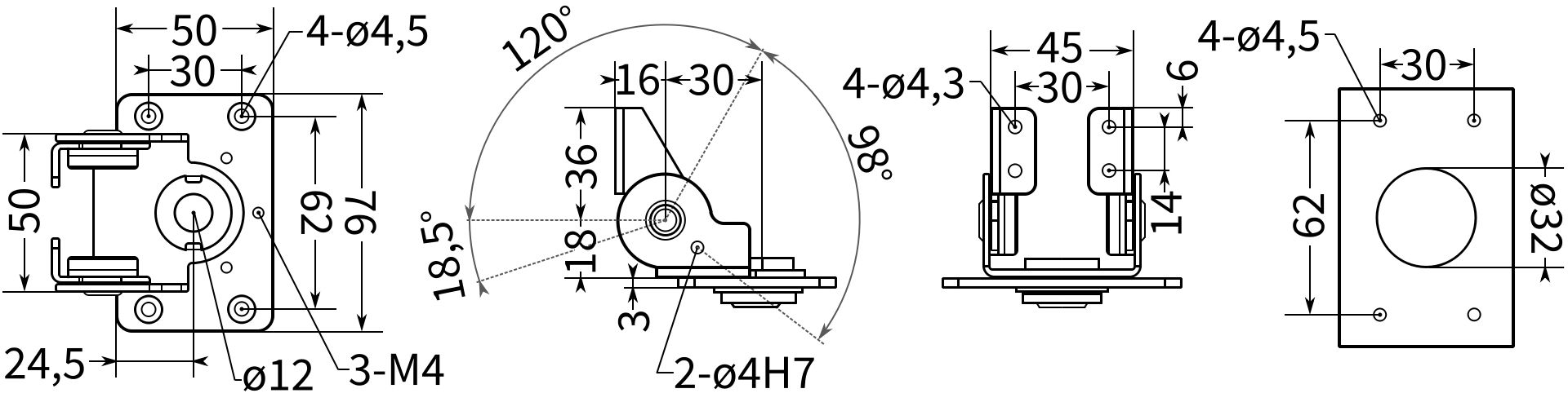Петля двухосевая L349C - схема с размерами