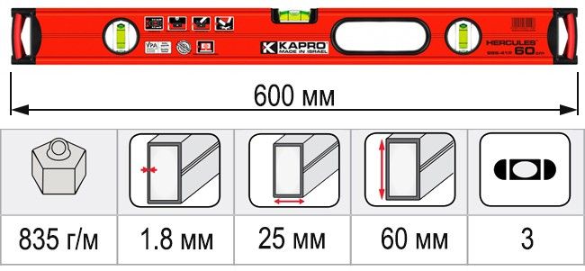 Размеры уровень строительный 600 мм KAPRO HERCULES 986-41-60