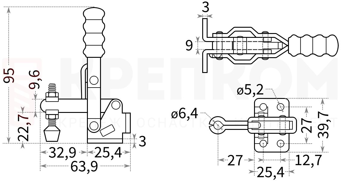 Прижим рычажный вертикальный HD 12050 - схема, чертеж