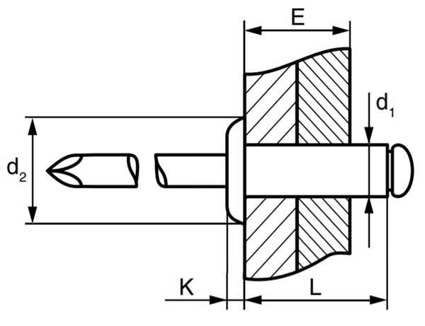Заклепка вытяжная нерж.сталь А4/нерж.сталь А4 со стандартным бортиком схема